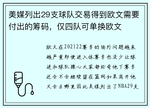 美媒列出29支球队交易得到欧文需要付出的筹码，仅四队可单换欧文