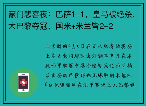 豪门悲喜夜：巴萨1-1，皇马被绝杀，大巴黎夺冠，国米+米兰皆2-2